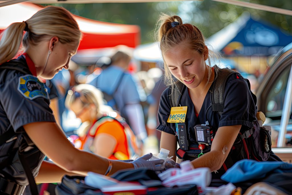 Two first aiders in uniform giving first aid at an outdoor event